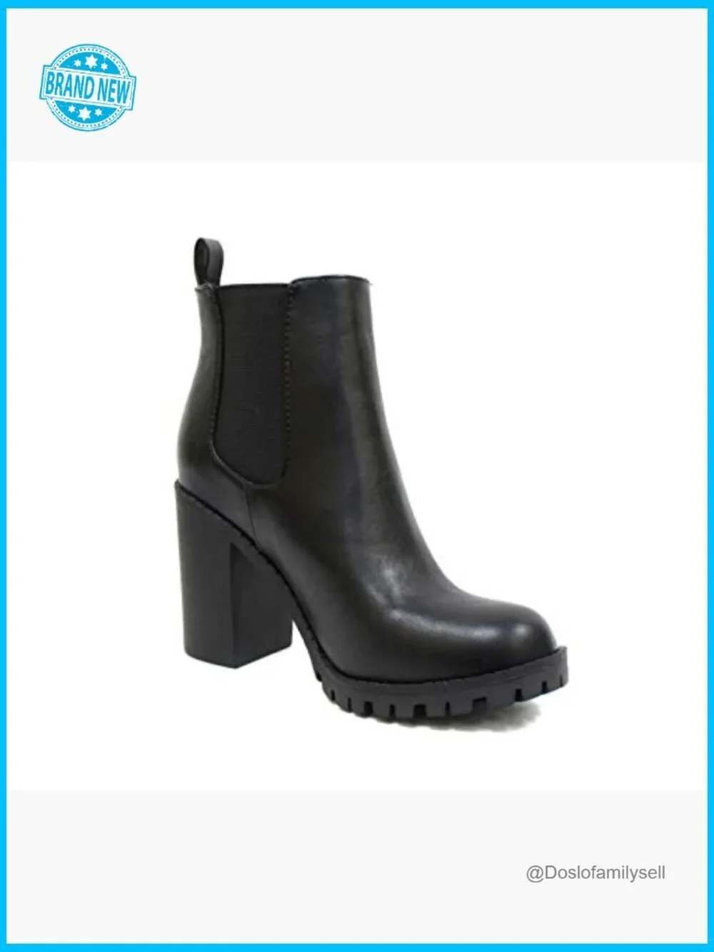 Black Ankle Boot with Lug Sole, Elastic Gore, Block Heel 3.5 inch